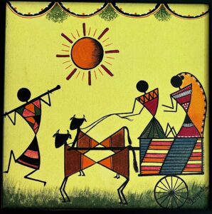 village journey — warli folk art on canvas